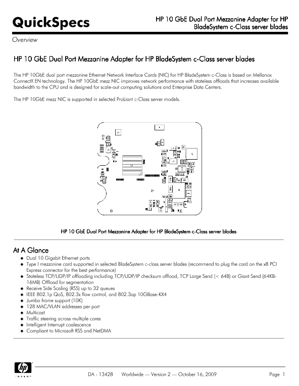 HP 10 GbE Dual Port Mezzanine Adapter for HP BladeSystem c-Class server blades thumbnail