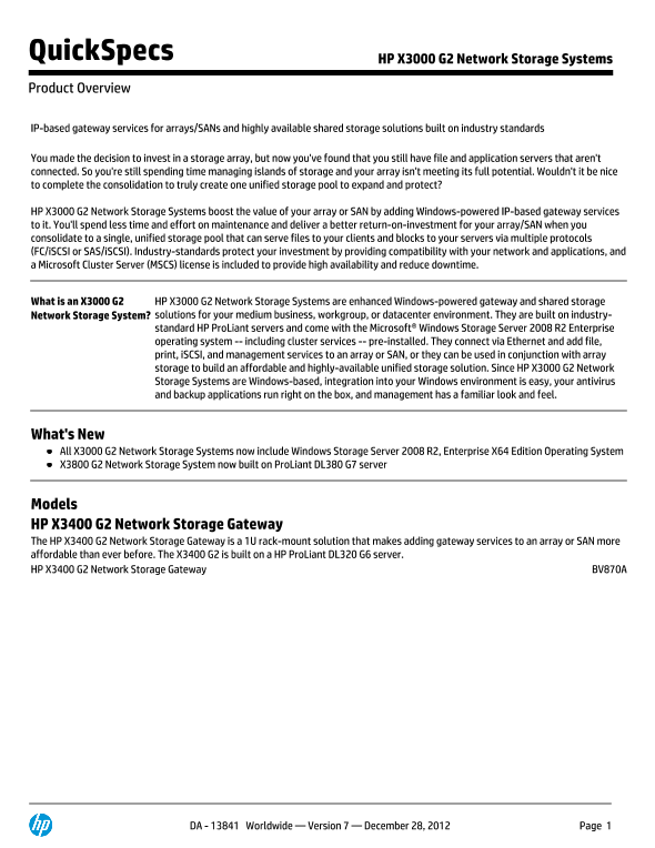 HP X3000 G2 Network Storage Systems thumbnail