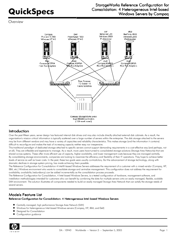 StorageWorks Reference Configuration for Consolidation: 4 Heterogeneous Intel-based Windows Servers by Compaq thumbnail