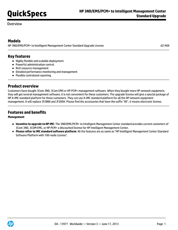 HP 3ND/EMS/PCM+ to Intelligent Management Center Standard Upgrade thumbnail