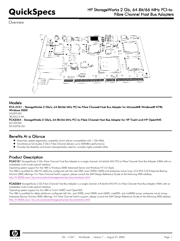 HP StorageWorks 2 Gb, 64-Bit/66 MHz PCI-to-Fibre Channel Host Bus Adapters thumbnail