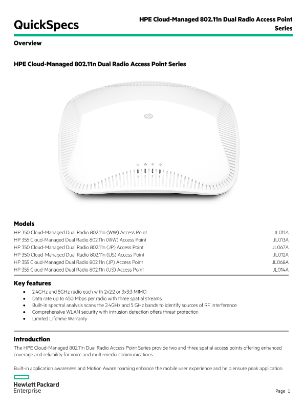 HPE Cloud-Managed 802.11n Dual Radio Access Point Series thumbnail