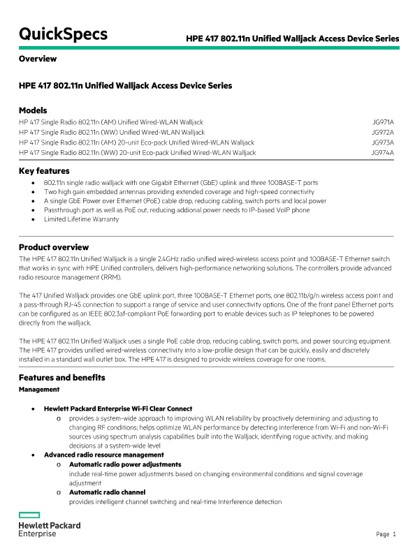 HPE 417 802.11n Unified Walljack Access Device Series thumbnail