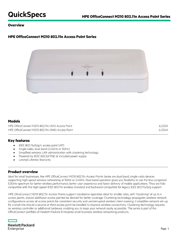 HPE OfficeConnect M210 802.11n Access Point Series thumbnail