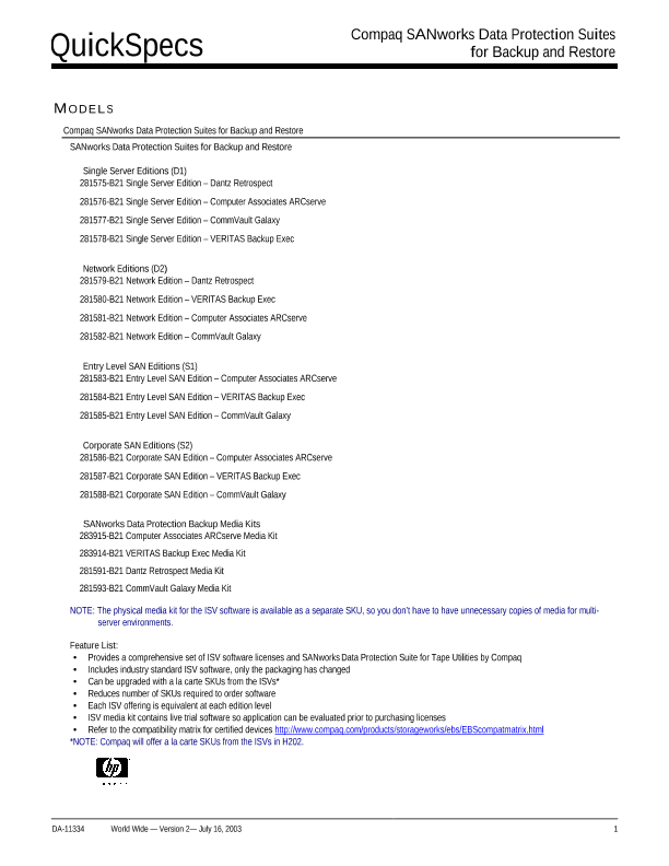 Compaq SANworks Data Protection Suites for Backup and Restore thumbnail