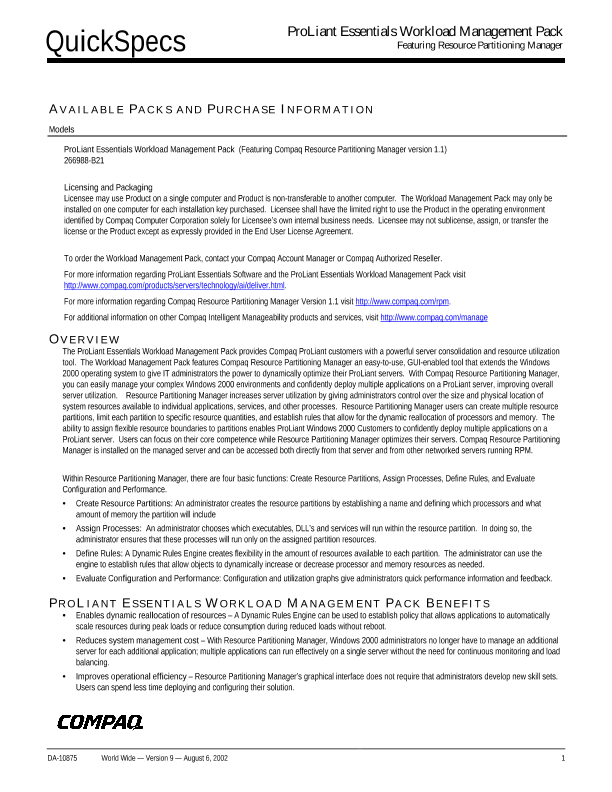 ProLiant Essentials Workload Management Pack Featuring Resource Partitioning Manager thumbnail