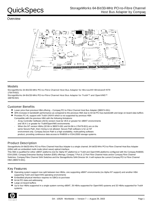 StorageWorks 64-Bit/33-MHz PCI-to-Fibre Channel Host Bus Adapter by Compaq thumbnail