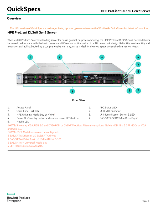 HPE ProLiant DL360 Gen9 Server – North America version