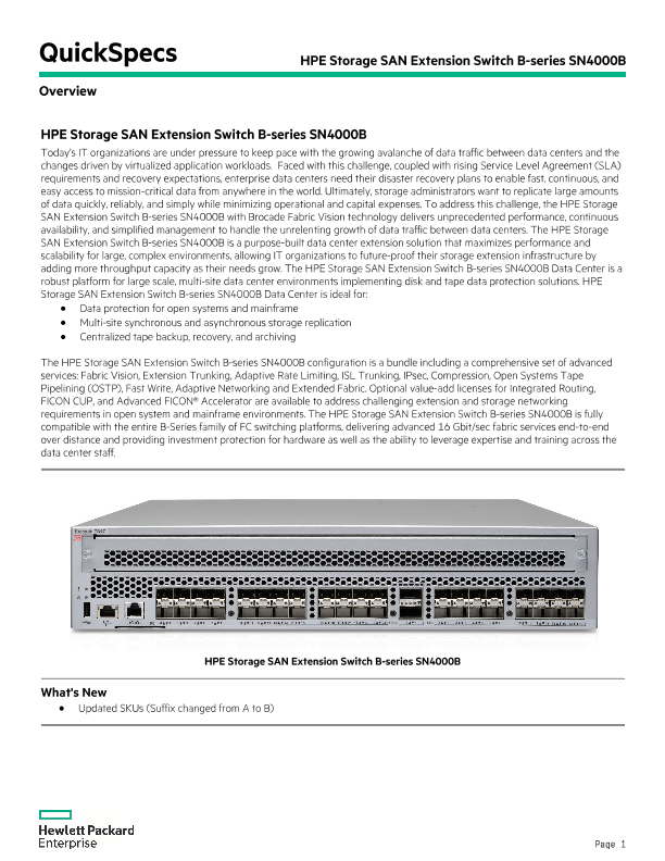HPE Storage SAN Extension Switch B-series SN4000B QuickSpecs thumbnail