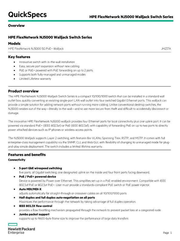 HPE FlexNetwork NJ5000 Walljack Switch Series thumbnail