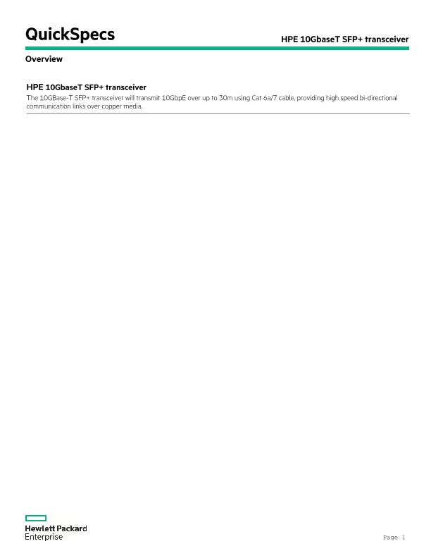 HPE 10GbaseT SFP+ transceiver QuickSpecs thumbnail