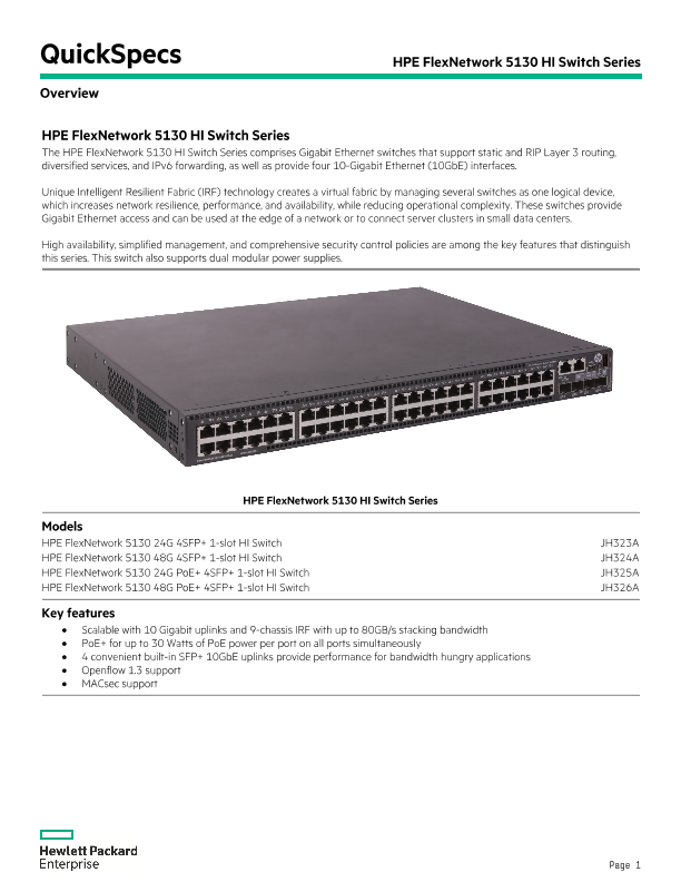 HPE FlexNetwork 5130 HI Switch Series thumbnail