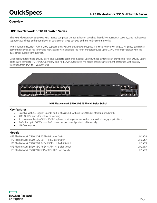 HPE FlexNetwork 5510 HI Switch Series thumbnail