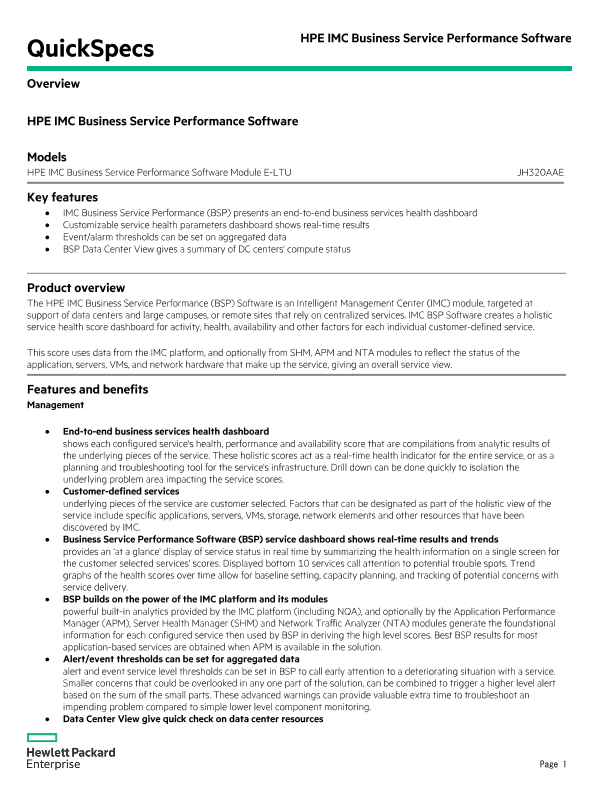 HPE IMC Business Service Performance Software thumbnail
