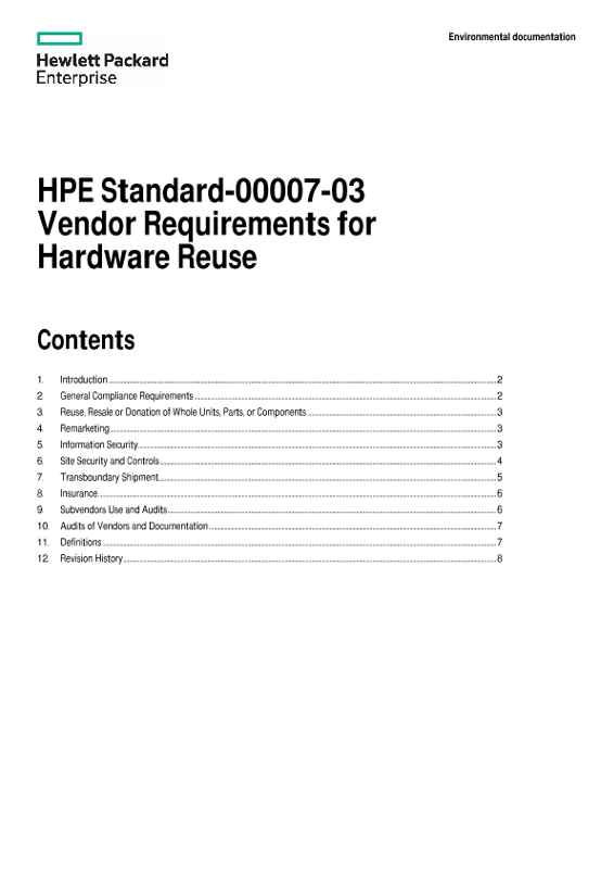 HPE Standard-00007-03 Vendor Requirements for Hardware Reuse environmental documentation thumbnail