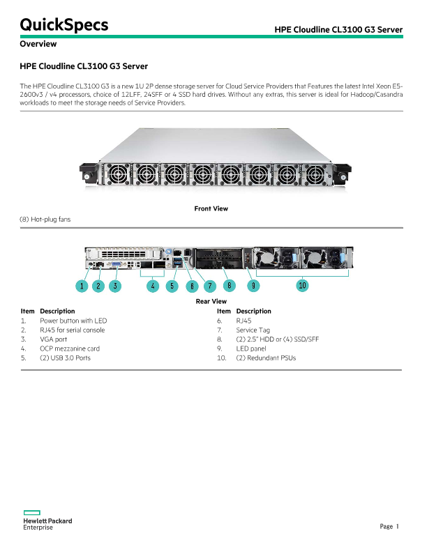 HPE Cloudline CL3100 G3 Server thumbnail