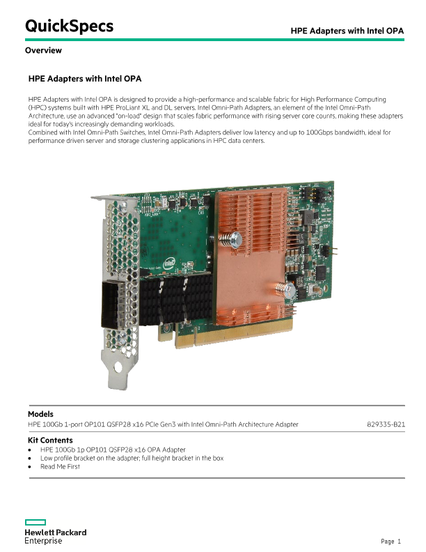 HPE 100Gb Intel Omni-Path Adapters thumbnail