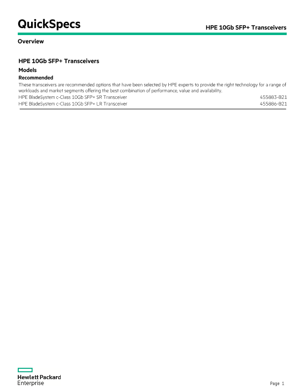 HPE 10Gb SFP+ Transceiver QuickSpecs thumbnail