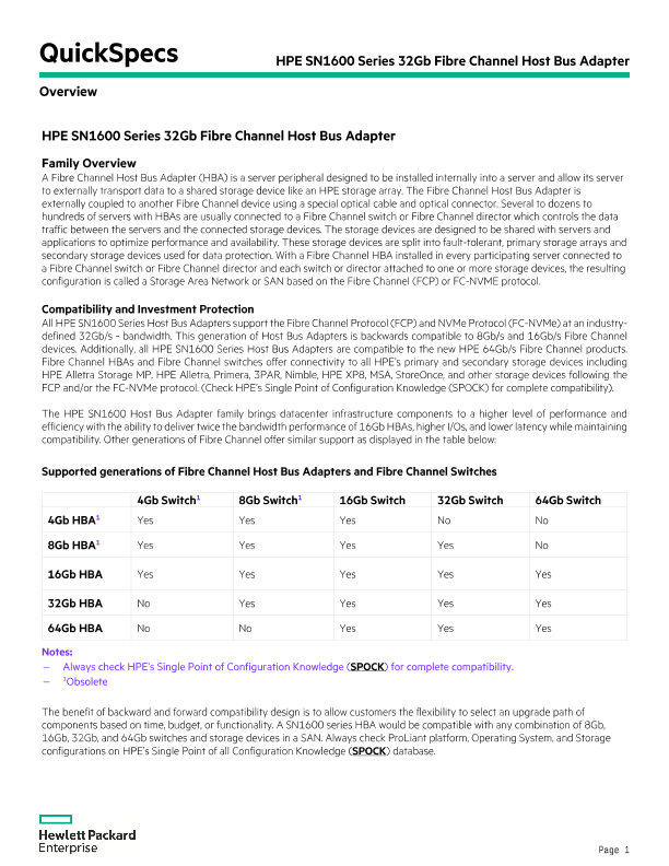 HPE SN1600 Series 32Gb Fibre Channel Host Bus Adapter QuickSpecs thumbnail