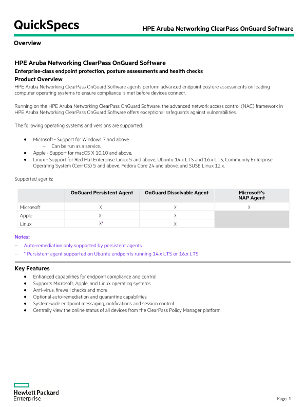 HPE Aruba Networking ClearPass OnGuard Software