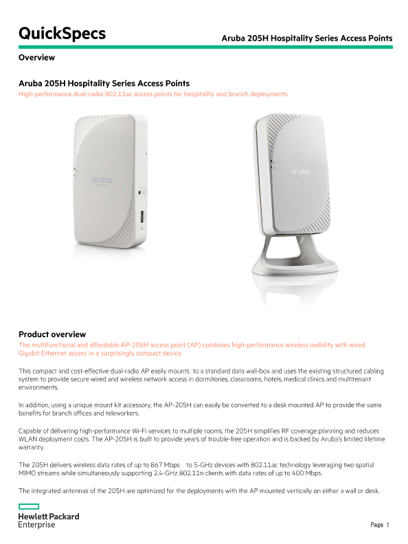 Aruba 205H Hospitality Series Access Points thumbnail