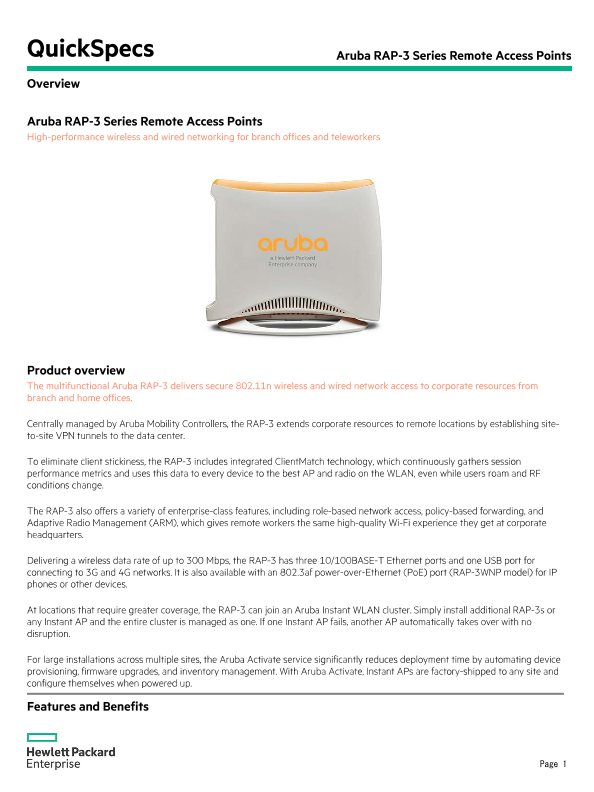 Aruba RAP-3 Series Remote Access Points thumbnail