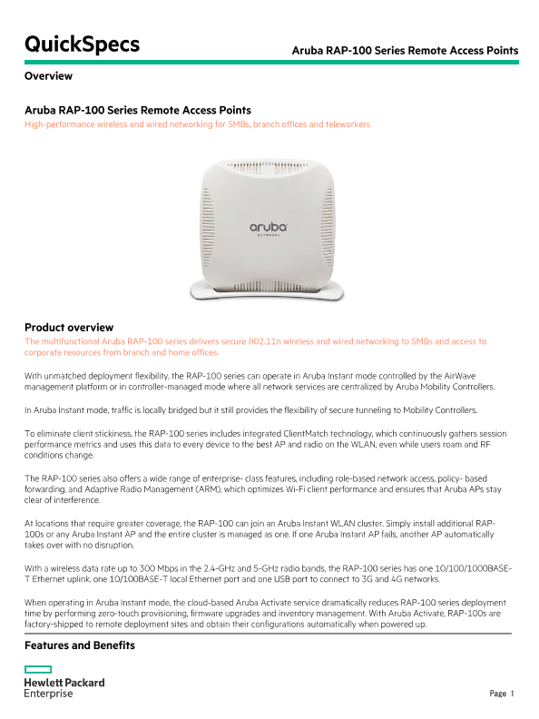 Aruba RAP-100 Series Remote Access Points thumbnail