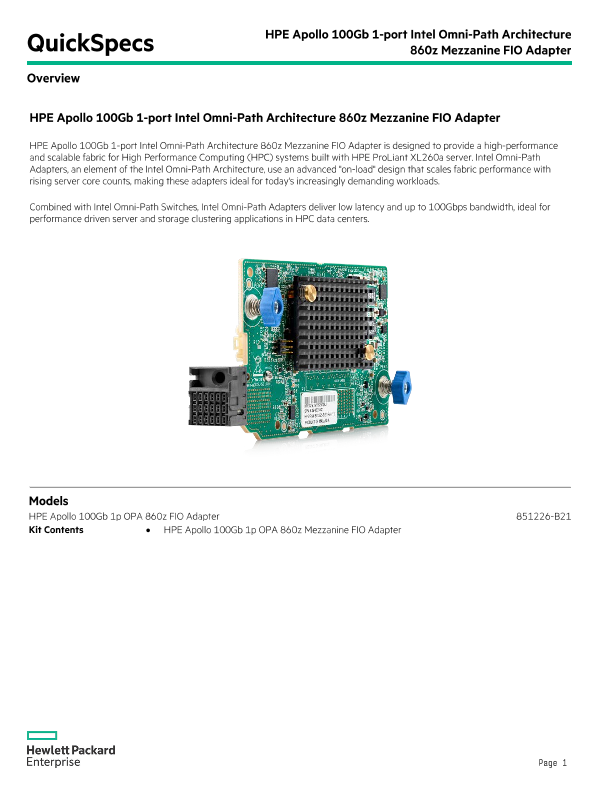 HPE Apollo 100Gb 1-port Intel Omni-Path Architecture 860z Mezzanine FIO Adapter thumbnail