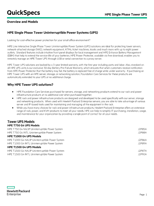 HPE Single Phase Tower Uninterruptible Power Systems (UPS) thumbnail