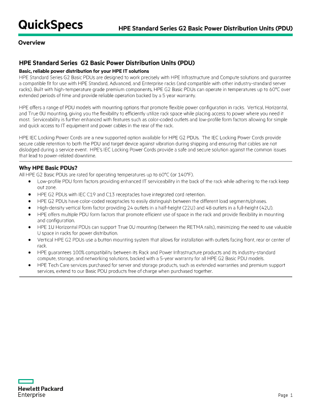 HPE Standard Series G2 Basic Power Distribution Units (PDU) QuickSpecs thumbnail
