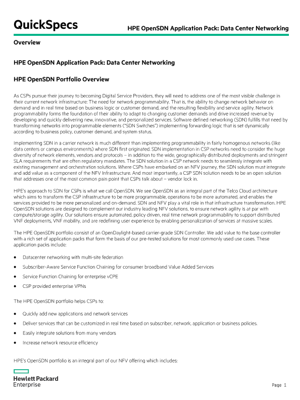 HPE OpenSDN Application Pack Data Center Networking thumbnail