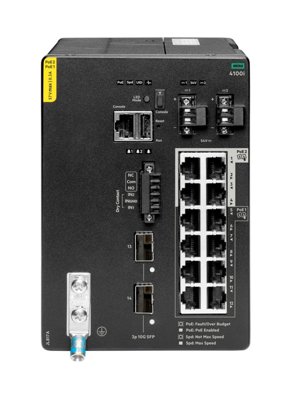 Aruba CX 4100i 12-port 1GbE (8-port Class 4 POE and 4-port Class 6 POE) 2-port SFP+ DIN Mount Switch