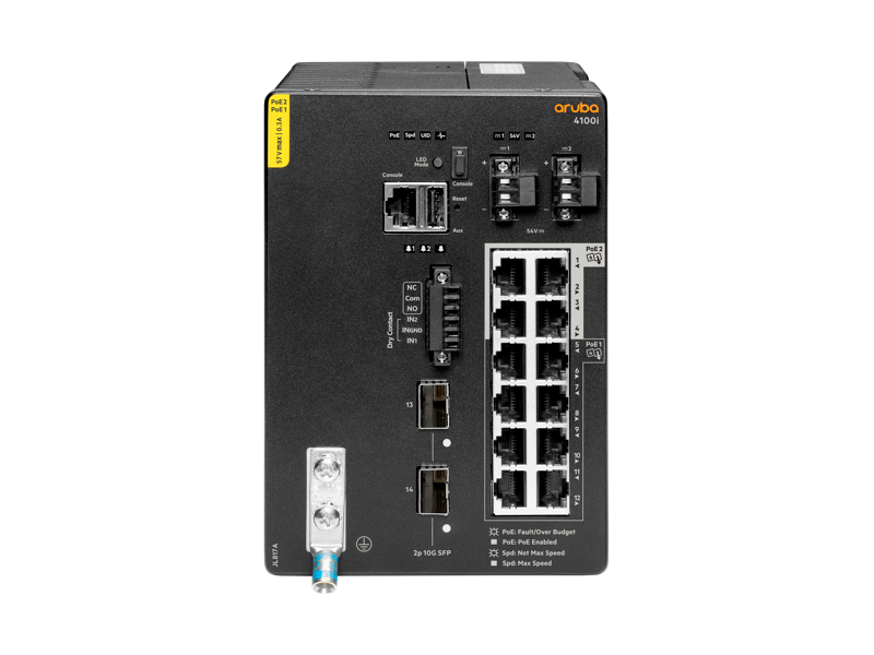 Aruba 4100i 12 端口 1 千兆以太网（8 个第 4 类 POE 端口和 4 个第 6 类 POE 端口）双端口 SFP+ DIN 安装交换机 Center facing
