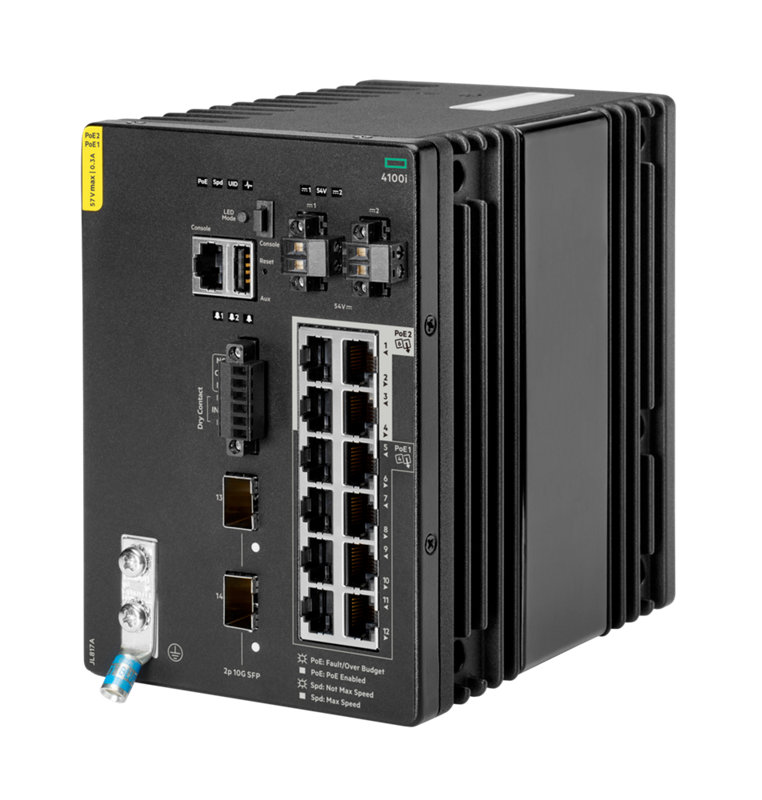 HPE Aruba Networking CX 4100i 12-port 1GbE (8-port Class 4 POE and 4-port Class 6 POE) 2-port SFP+ DIN Mount Switch