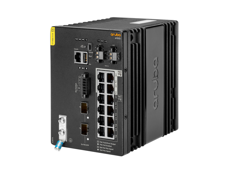 Aruba 4100i 12 端口 1 千兆以太网（8 个第 4 类 POE 端口和 4 个第 6 类 POE 端口）双端口 SFP+ DIN 安装交换机 Left facing