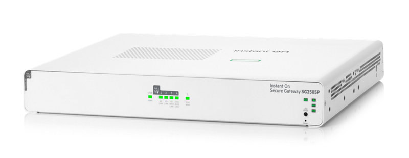 HPE Networking Instant On Secure Gateway 5-port SmartRate 2.5G PoE+ 64W SG2505P Left facing