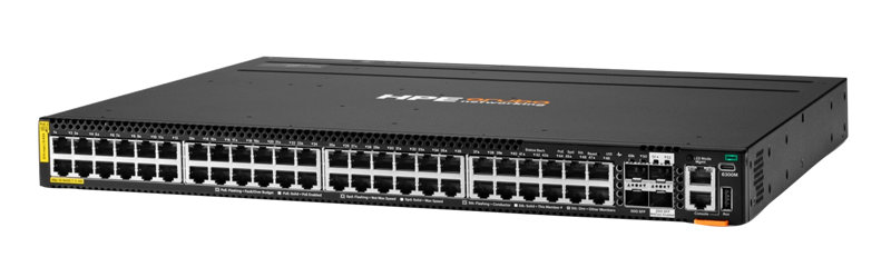 HPE Networking CX6300M 48p 1G Class8 PoE 2p SFP56 50G 2p SFP28 25G MACsec TAA Sw Left facing