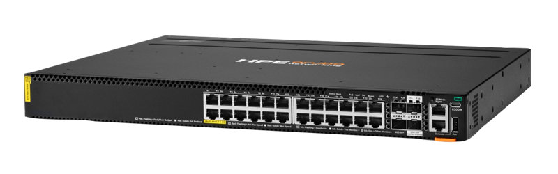 HPE Networking CX6300M 24p 1G Class8 PoE 2p SFP56 50G 2p SFP28 25G MACsec Switch Left facing