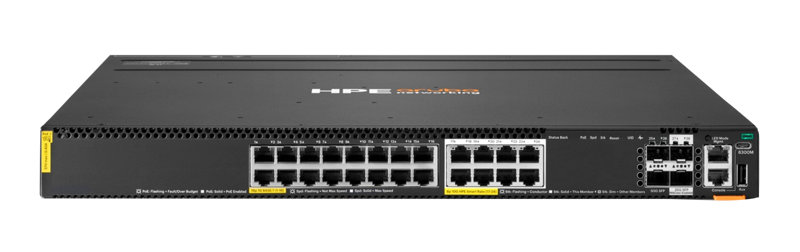 HPE Networking CX6300M 16p 1G 8p Smart Rate 10G Class8 PoE 2p SFP56 50G 2p SFP28 25G TAA Sw Center facing