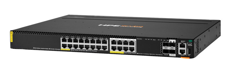 HPE Networking CX6300M 16p 1G 8p Smart Rate 10G Class8 PoE 2p SFP56 50G 2p SFP28 25G TAA Sw Left facing