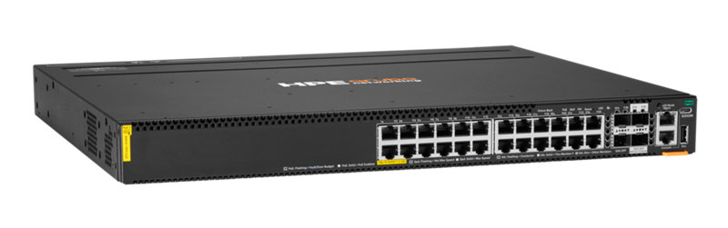 HPE Networking CX6300M 24p 1G Class8 PoE 2p SFP56 50G 2p SFP28 25G MACsec Switch Right facing